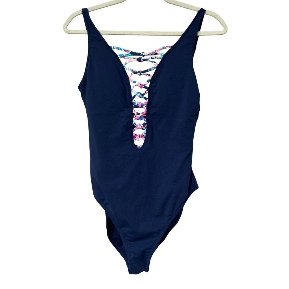 Lilly Pulitzer Isle Lattice One-Piece Swimsuit 6 Navy Blue Lace Up Cruise Sexy